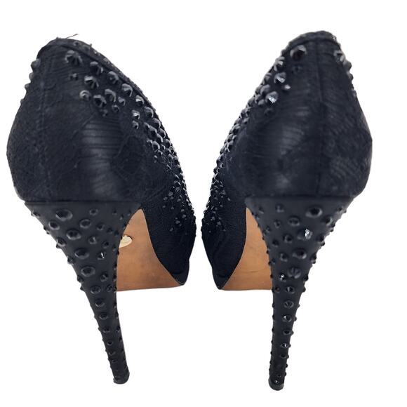 Betsey Johnson Black Embellished Studded Peep Toe 5' Platform Heels Size 9 - Picture 3 of 8